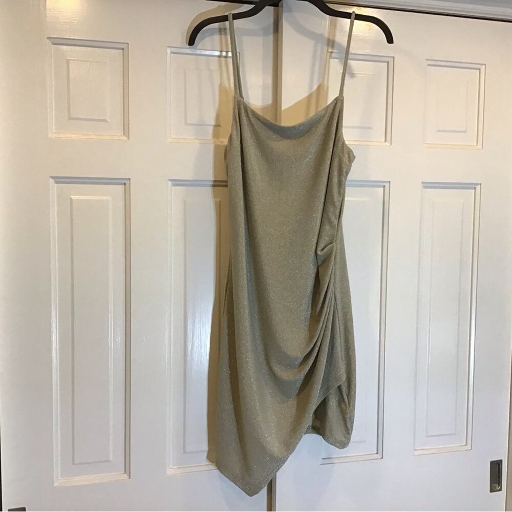 Gold Y2K Spaghetti Strap Mini Dress L Slit Side Rouche Coqeutte Event Sexy Indie